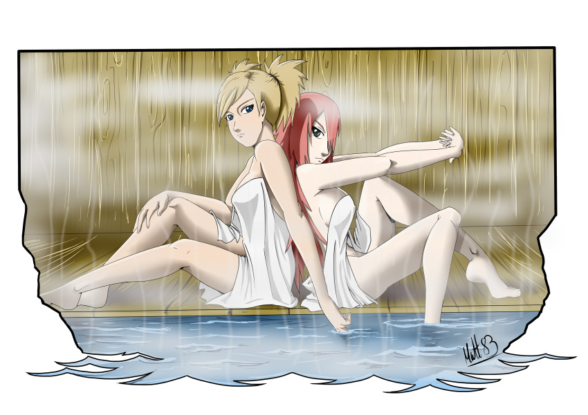 2girls back_to_back barefoot blonde_hair breasts cleavage feet female female_only hair_over_one_eye hot_spring looking_at_viewer mattwilson83 mw83 naruto naruto:_the_last naruto_(classic) red_hair sitting steam tayuya temari tied_hair towel twintails water