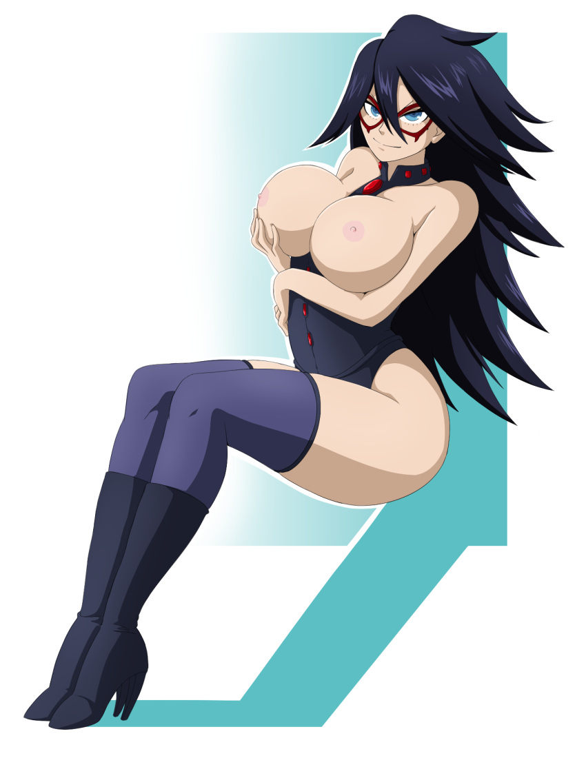 big_breasts black_boots black_hair blue_eyes boots breasts busty caisama cleavage female female_only hand_on_breast high_heel_boots high_heeled_boots knee_boots leather_boots looking_at_viewer midnight_(my_hero_academia) my_hero_academia nemuri_kayama nipples solo stockings thick_thighs thighhighs very_long_hair white_skin