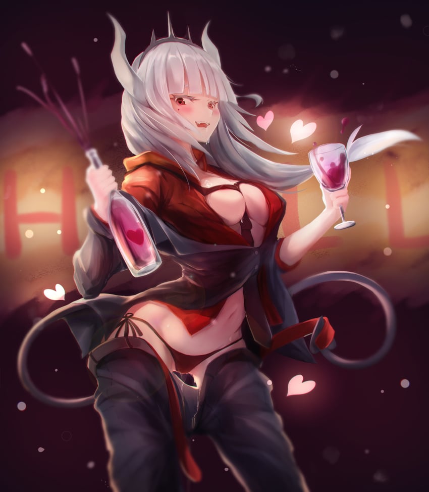 absurdres aden_07 bangs belt between_breasts black_pants blurry_foreground blush bottle breasts brown_belt commentary_request cup demon_girl demon_horns demon_tail drinking_glass fangs female grey_hair heart helltaker highres holding holding_bottle holding_cup horns long_hair looking_at_viewer lucifer_(helltaker) medium_breasts mole mole_under_eye open_mouth open_pants panties pants pussy_juice red_eyes red_neckwear red_shirt saliva shirt side-tie_panties silver_hair smile solo tail underwear white_hair white_horns wine_glass