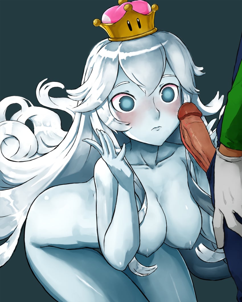 1boy 1girls areolae big_ass big_breasts blue_eyes blue_skin blush blushing boosette clothed clothed_male_nude_female clothing crown dark_penis haraya imminent_fellatio imminent_oral kneeling long_hair looking_at_penis luigi luigi's_mansion mario_(series) naked new_super_mario_bros._u_deluxe nintendo rule_63 silver_hair surprised thick_thighs thighs white_hair