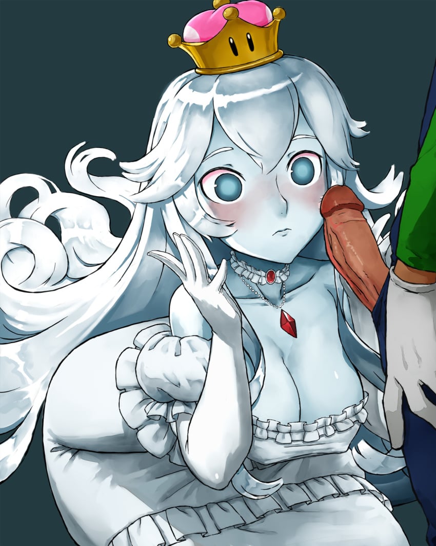 1boy 1girls big_breasts blue_eyes blue_skin blush boosette clothed clothing collar crown dark_penis dress gloves haraya imminent_fellatio imminent_oral kneeling long_hair looking_at_penis luigi luigi's_mansion mario_(series) new_super_mario_bros._u_deluxe nintendo nipple_bulge rule_63 silver_hair surprised white_hair