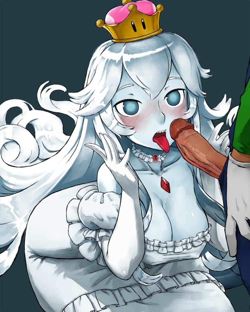 1boy 1girls big_breasts blue_eyes blue_skin blush blushing boosette clothed clothing collar crown dark_penis dress gloves haraya imminent_fellatio imminent_oral kneeling long_hair looking_at_penis luigi luigi's_mansion mario_(series) new_super_mario_bros._u_deluxe nintendo nipple_bulge rule_63 sharp_teeth silver_hair teeth tongue tongue_out white_hair