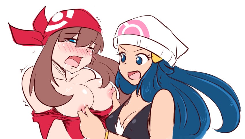 bandana bare_shoulders beanie blue_eyes blue_hair blush brown_hair cleavage dawn_(pokemon) femdom femsub hat human large_breasts may_(pokemon) nipples pokemon pokemon_dppt pokemon_rse unzipped yondu yuri