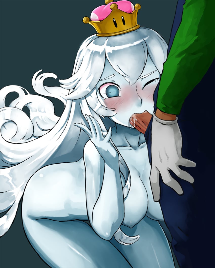 1boy 1girls areolae big_ass big_breasts blowjob blue_eyes blue_skin blush blushing boosette clothed clothed_male_nude_female clothing crown cum cum_in_mouth cum_splatter cumming dark_penis deepthroat fellatio haraya kneeling long_hair looking_at_penis luigi luigi's_mansion mario_(series) naked new_super_mario_bros._u_deluxe nintendo one_eye_closed oral oral_sex rule_63 saliva silver_hair surprised tears thick_thighs thighs white_hair