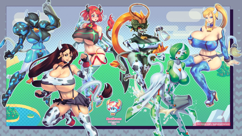 6girls bell big_breasts breasts cleavage cow_girl cow_print dark_samus female female_only final_fantasy final_fantasy_vii gardevoir high_heels horns huge_breasts human imp_midna large_breasts looking_at_viewer metroid midna milk moo_bitch mooshroom nintendo pokémon_(species) pokemon pokemon_(species) pyra samus_aran supersatanson the_legend_of_zelda thighhighs tifa_lockhart twili twilight_princess xenoblade_(series) xenoblade_chronicles_2