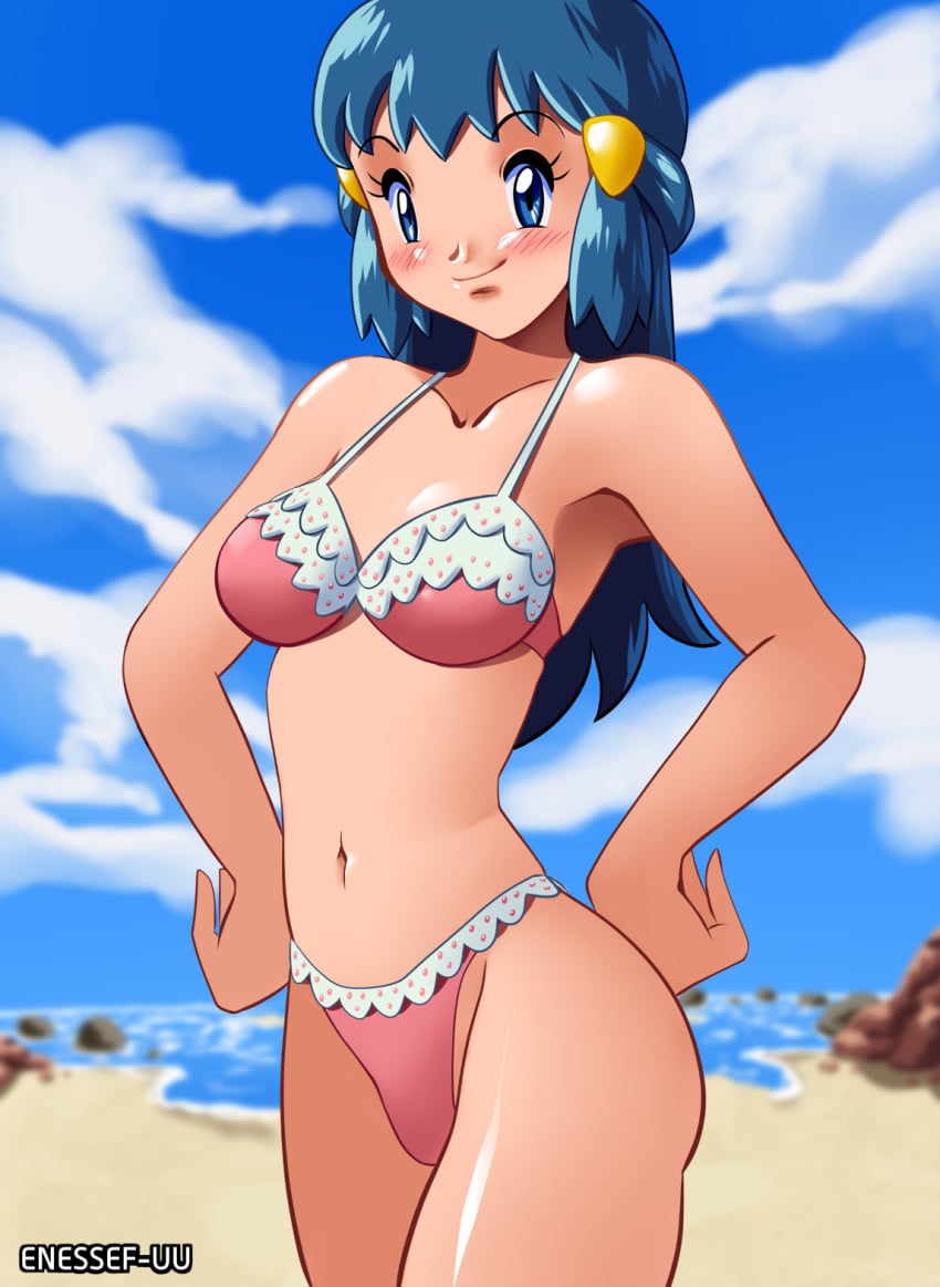 ass beach bikini blue_eyes blue_hair blush dawn_(pokemon) enessef-uu hair_ornament hands_on_hips human pokemon pokemon_dppt