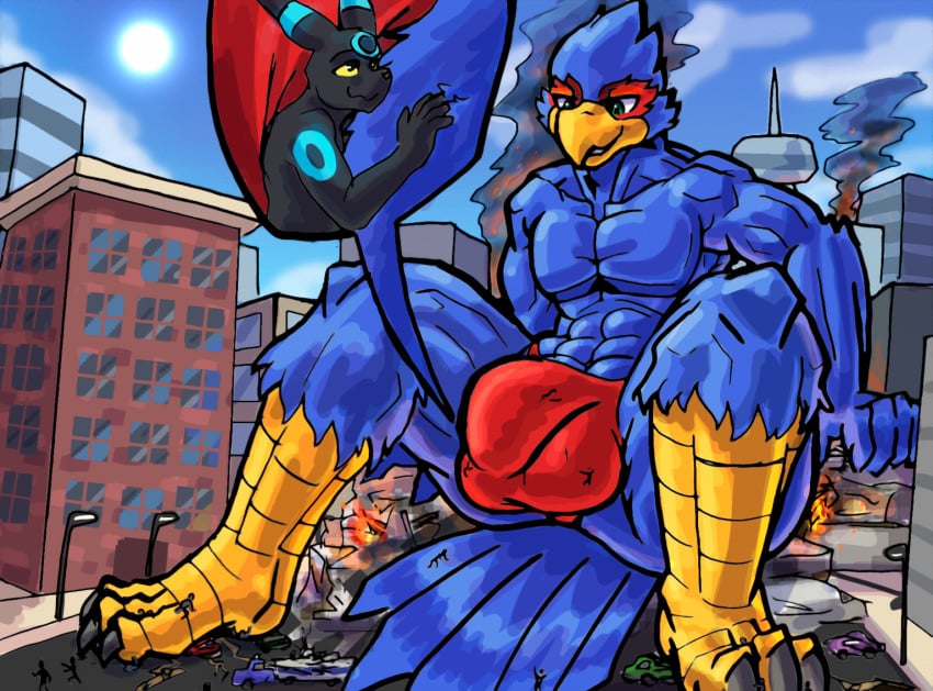 anthro avian balls bird bulge city clothing destruction eeveelution falco_lombardi genitals internal macro male male_focus male_only mammal maxwell_kyris mrease nintendo pokémon_(species) pokemon sitting speedo star_fox swimwear togepi1125 umbreon video_games worship