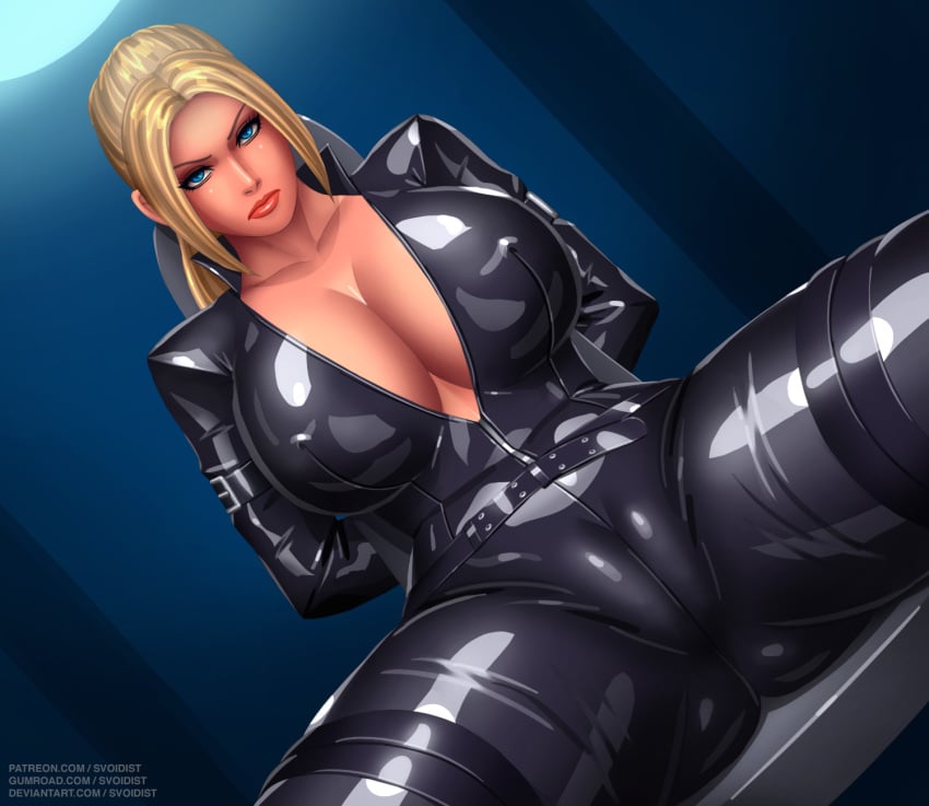 1girls alternate_breast_size arms_behind_back big_breasts blonde_hair blue_eyes bodysuit breasts cameltoe cleavage clothed clothed_female female female_only huge_breasts human human_only large_breasts latex latex_bodysuit lipstick long_hair looking_at_viewer nina_williams nipples nipples_visible_through_clothing shiny shiny_clothes solo solo_female solo_focus spread_legs svoidist tekken