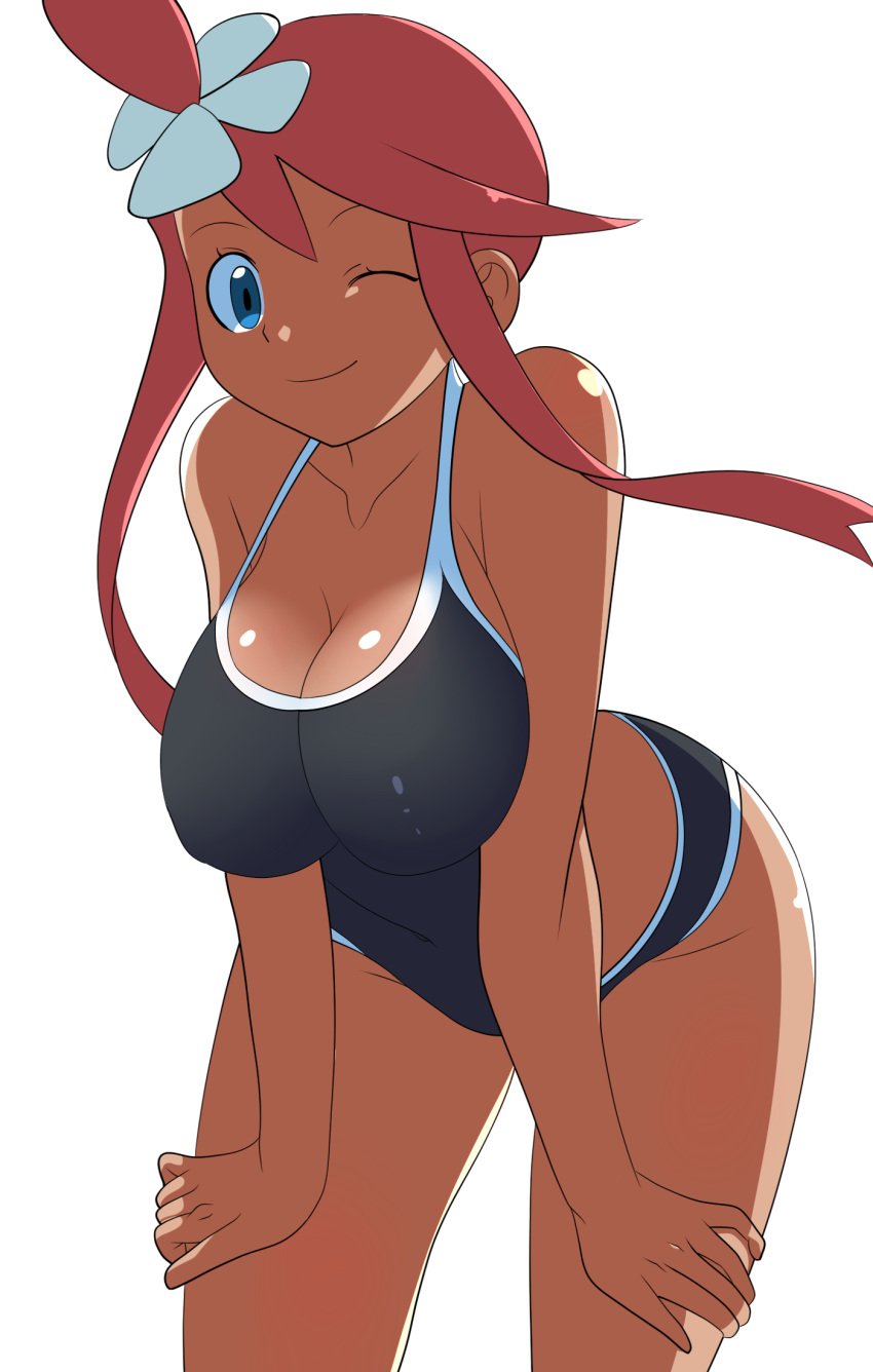 1girls big_breasts blue_eyes chelsea_cola dark-skinned_female dark_skin female human long_hair mcdolkun nintendo pokemon pokemon_bw red_hair skyla_(pokemon) solo swimsuit thick_thighs white_background wide_hips