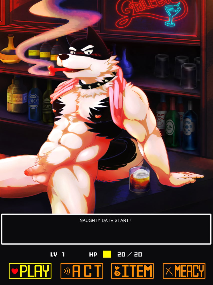 3:4 anthro balls bar blush bone canid canine canis clothed clothing collar doggo_(undertale) domestic_dog flaccid fur genitals hi_res hp_bar kynosura life_bar looking_at_viewer male male_only mammal muscular nipples penis royal_guard_(undertale) shirt smoking solo tank_top text topwear undertale undertale_(series) video_games white_body white_fur