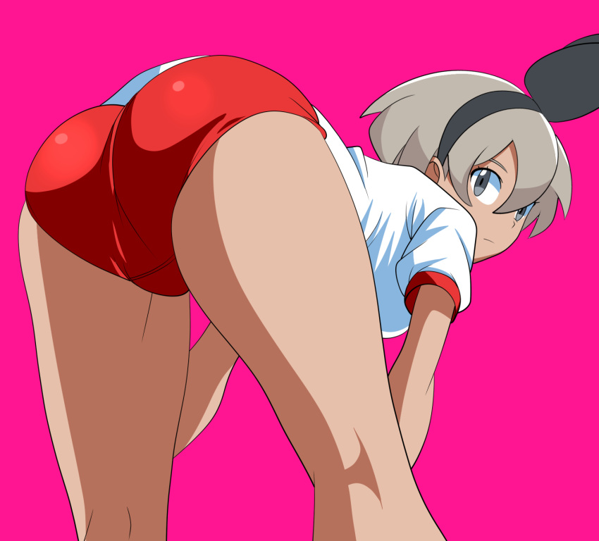 1girls ass bea_(pokemon) big_ass breast buruma chelsea_cola dark-skinned_female dark_skin eye_contact female grey_eyes grey_hair gym_leader hair_ribbon human looking_at_viewer looking_back mcdolkun nintendo pokemon pokemon_ss short_hair solo sports_uniform thick_thighs thighs