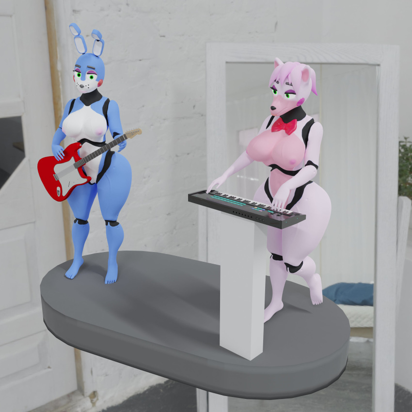 2girls 3d 3d_(artwork) animatronic areolae ass big_ass blender blue_hair bowtie breasts female_only five_nights_at_freddy's five_nights_at_freddy's_2 green_eyes guitar mangle_(fnaf) nude_female piano pink_hair red_lipstick renders robot robot_girl sunr4y sunr4y_w0rksh0p thick thick_ass thick_bottom_lip thick_lips thick_thighs toy_bonnie_(fnaf) wide_hips