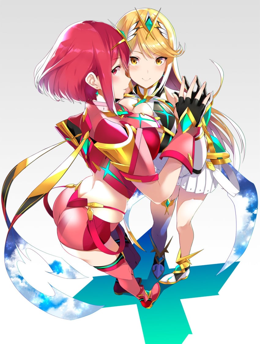 2girls armor ass bangs blonde_hair breasts c96 cleavage cleavage_cutout comiket_96 cover cover_page covered_navel doujin_cover doujinshi earrings female fingerless_gloves gem gloves gradient gradient_background headpiece highres hug hugging jewelry large_breasts multiple_girls multiple_persona mythra nintendo pyra red_eyes red_hair red_shorts short_hair short_shorts shorts shoulder_armor skindentation swept_bangs text thigh_strap tiara xenoblade_(series) xenoblade_chronicles_2 yellow_eyes yuuki_shin