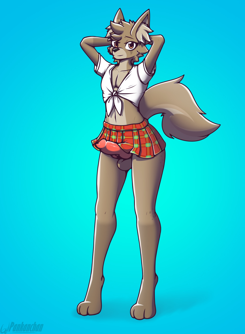 absurd_res anthro balls bottomwear canid canine clothing fox genitals hi_res inner_ear_fluff knot looking_at_viewer male mammal pankanchan penis_under_skirt pinup pose simple_background skirt solo tuft