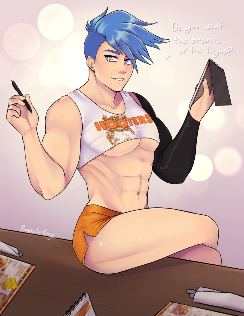 1boy abs big_pecs blue_eyes blue_hair crop_top eyebrows femboy_hooters galo_thymos himbo_hooters hooters legs_crossed looking_at_viewer male male_focus male_only muscles muscular_male navel nip_slip nipple_slip notebook pecs pen pinup pompadorkery promare short_shorts smile solo solo_focus solo_male suggestive text thighs tight_clothing tight_shirt twunk undercut