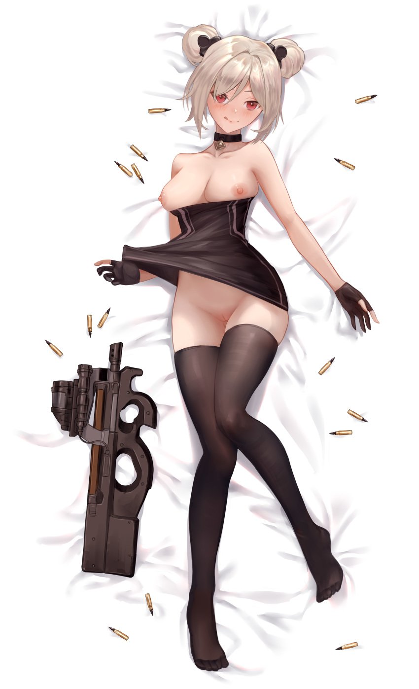 1girls azto_dio breasts dakimakura double_bun dress girls'_frontline gun hair_bun p90_(girls_frontline) pussy skirt_lift thighhighs uncensored