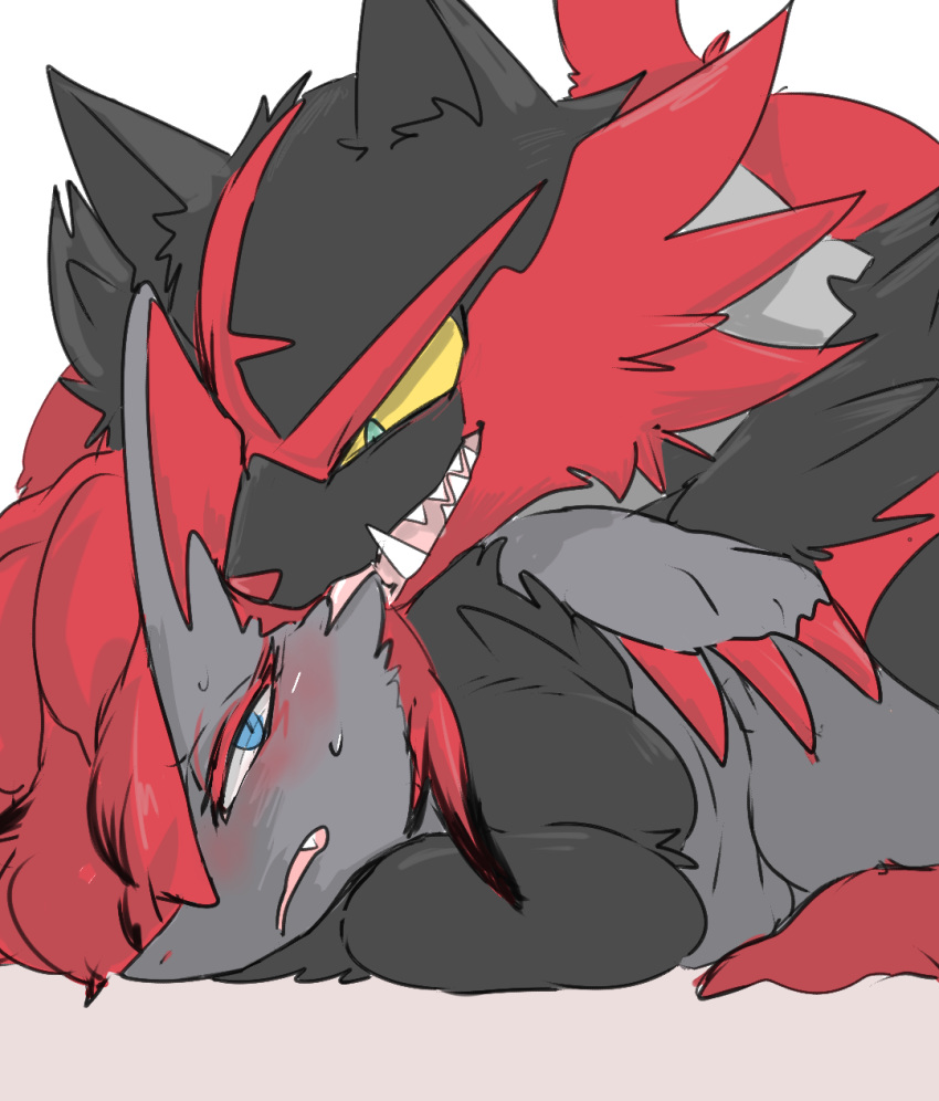 anthro anthro_on_anthro blue_eyes blush bodily_fluids breasts cute_fangs duo female female_zoroark hi_res incineroar male meisaikawaii nintendo open_mouth pokémon_(species) pokemon pokemon_(species) straight sweat video_games zoroark