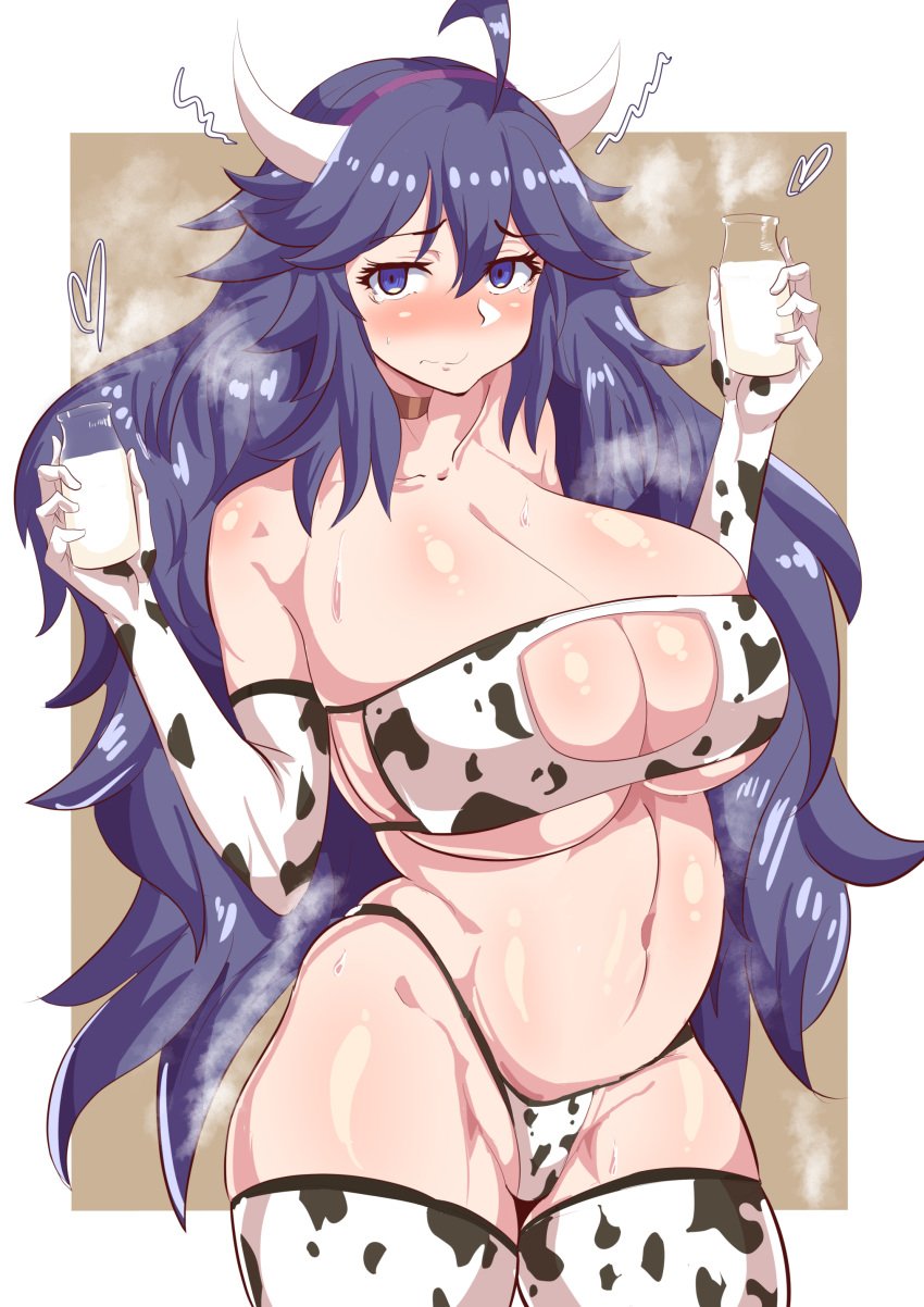 1girls big_breasts blush choker cow_bikini cow_girl cow_horns cow_print eye_contact eyepatch_bikini female gloves hex_maniac huge_breasts human large_breasts long_hair looking_at_viewer milk milk_bottle nintendo pale-skinned_female pale_skin pokemon pokemon_xy purple_eyes purple_hair rururu82010664 sweat thick_thighs thighhighs thong voluptuous wide_hips