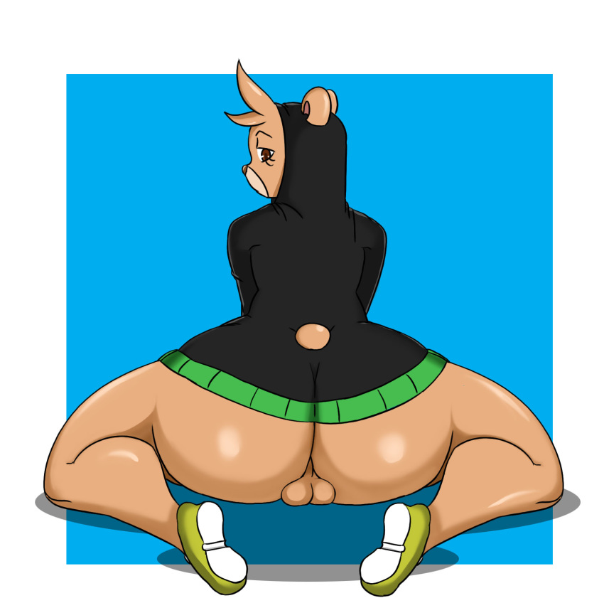 animal_humanoid anthro ass balls big_ass big_butt brown_eyes cherryfox73 clothed clothing femboy fur genitals hi_res huge_ass huge_butt humanoid looking_at_viewer male male_only mammal mammal_humanoid milo_(cherryfox73) simple_background solo thick_thighs ursid ursid_humanoid ursine