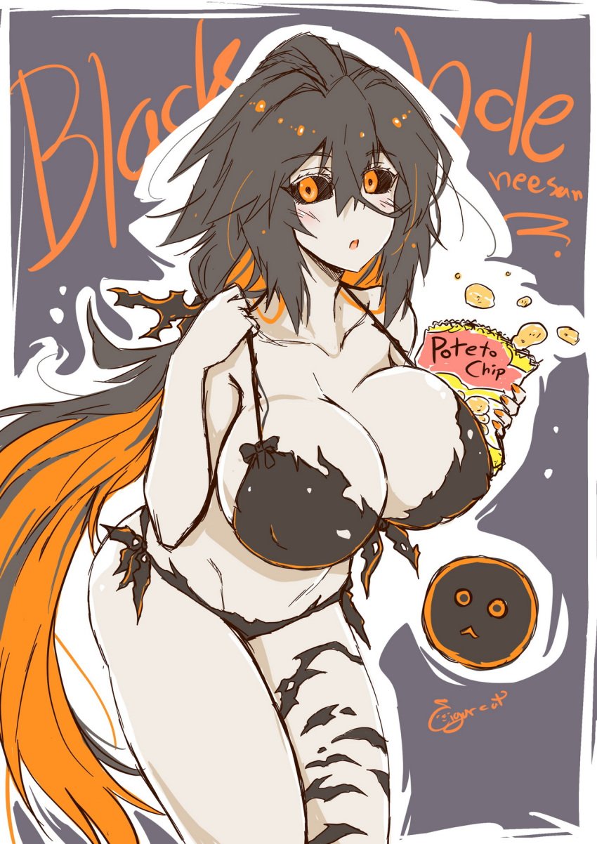 1girls 2020 :< artist_name bikini black_bikini black_hair black_hole black_hole_girl_(cigar_cat) black_sclera body_markings bow breasts character_name chibi cigar_cat cleavage female food front-tie_bikini grey_skin hair_between_eyes highres holding_object huge_breasts leaning_forward long_hair m87_black_hole nail_polish nipple_bulge open_mouth orange_eyes orange_hair orange_nails potato_chips ribbon side-tie_bikini signature simple_background swimsuit thick_thighs thigh_markings thighs two_tone_hair very_long_hair