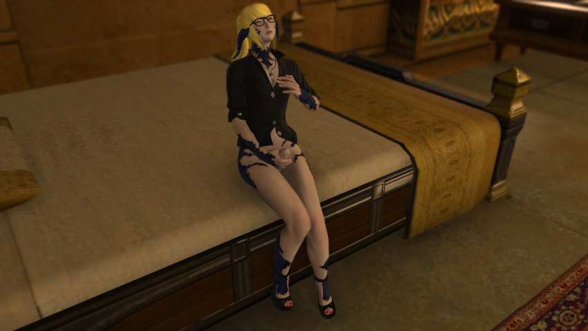 1futa blonde_hair blouse bottomless cleavage erection final_fantasy final_fantasy_xiv futa_only futanari glasses gpose(ffxiv) grope heterochromia masturbation no_panties no_pants penis screencap screenshot solo solo_female solo_futa threnody