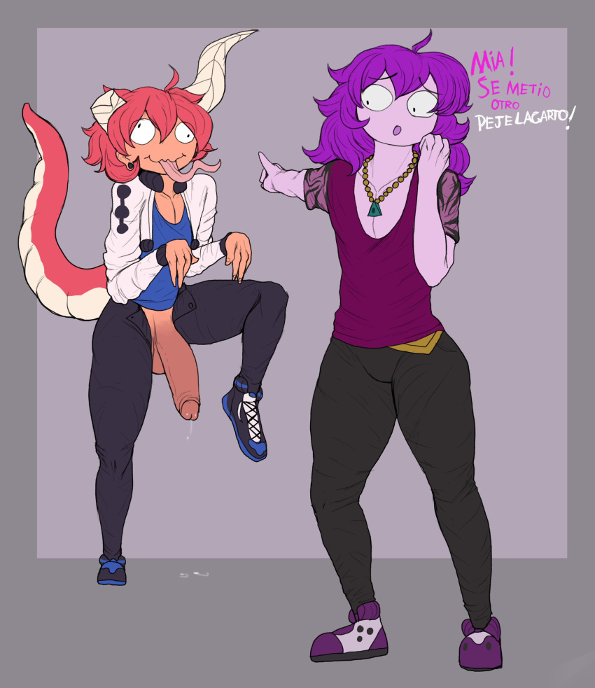 2boys arguraz cuchuflin femboy flaccid funny gay horned_humanoid horns huge_cock leaking leaking_cum long_tongue male male_only monster_boy open_pants penis purple_hair purple_skin red_hair riok_(arguraz) sam_(cuchuflin) spanish_text tagme tail tongue tongue_out