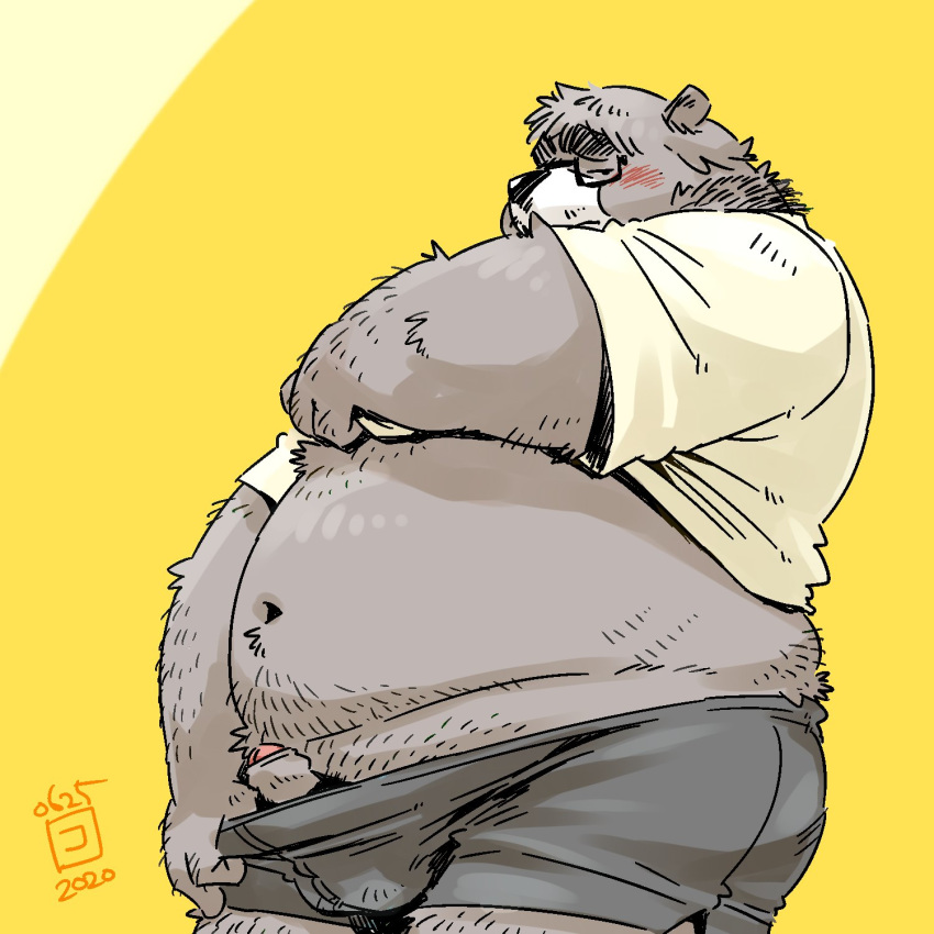 1:1 2020 anthro belly blush brown_body brown_fur bulge chubby clothing eyewear fur genitals glasses hi_res humanoid_genitalia humanoid_hands humanoid_penis kemono male male_only mammal navel overweight overweight_male penis solo totemoii_029 underwear ursid