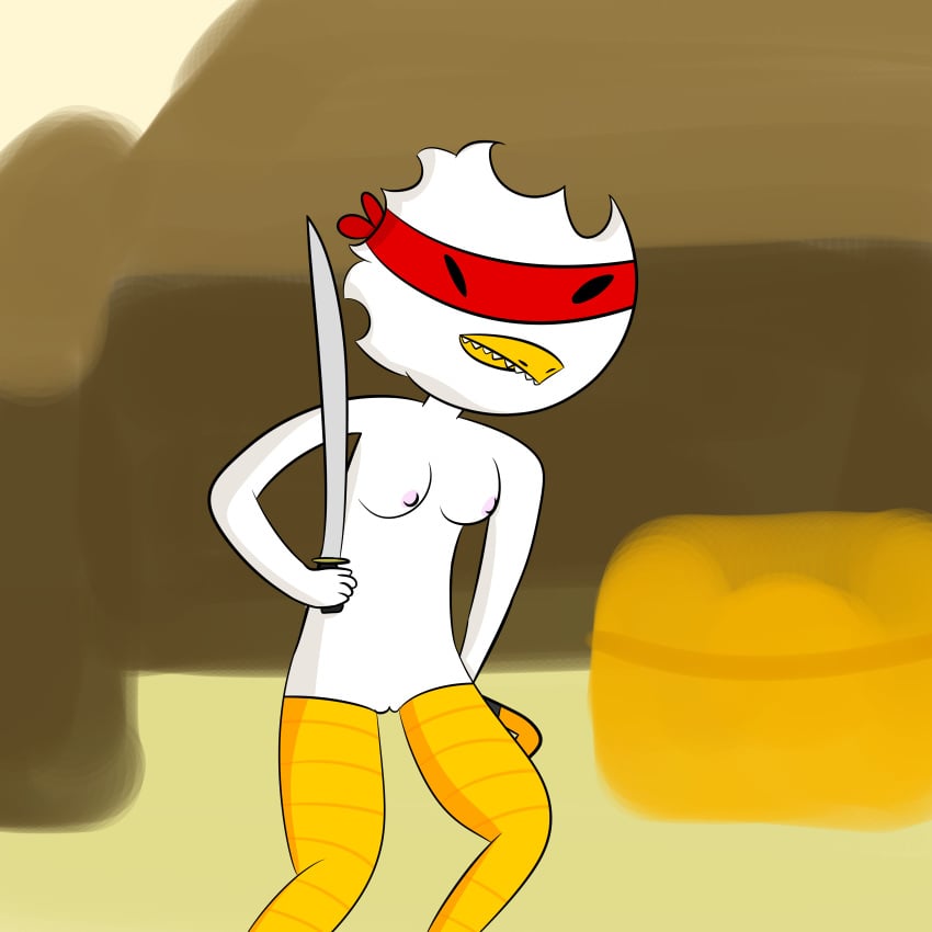 anthro avian bird breasts cheesycoke chicken chicken_(nuclear_throne) female katana mask nipples nuclear_throne nude outside pussy solo standing sword teeth weapon