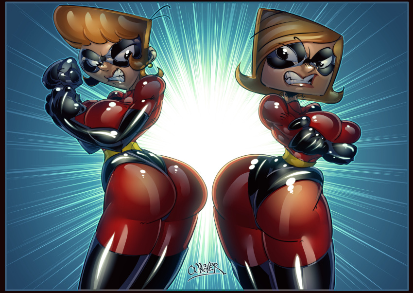 2girls ass big_ass big_breasts bodysuit breasts busty candy cartoon_network cleavage cosplay crossover dat_ass debbie_turnbull debs_turnbull dexter's_laboratory dexter's_mom disney elastigirl elastigirl_(cosplay) female female_only helen_parr hi_res high_heels huge_ass huge_breasts milf mother pixar robotboy see-through shiny shiny_skin sideboob skin_tight smooth_skin the_incredibles wagner wide_hips wings