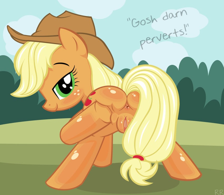 1girls accurate_art_style anus applejack_(mlp) ass butt female_only friendship_is_magic furry looking_at_viewer looking_back my_little_pony pussy quadruped randomrandom rear_view smooth_skin