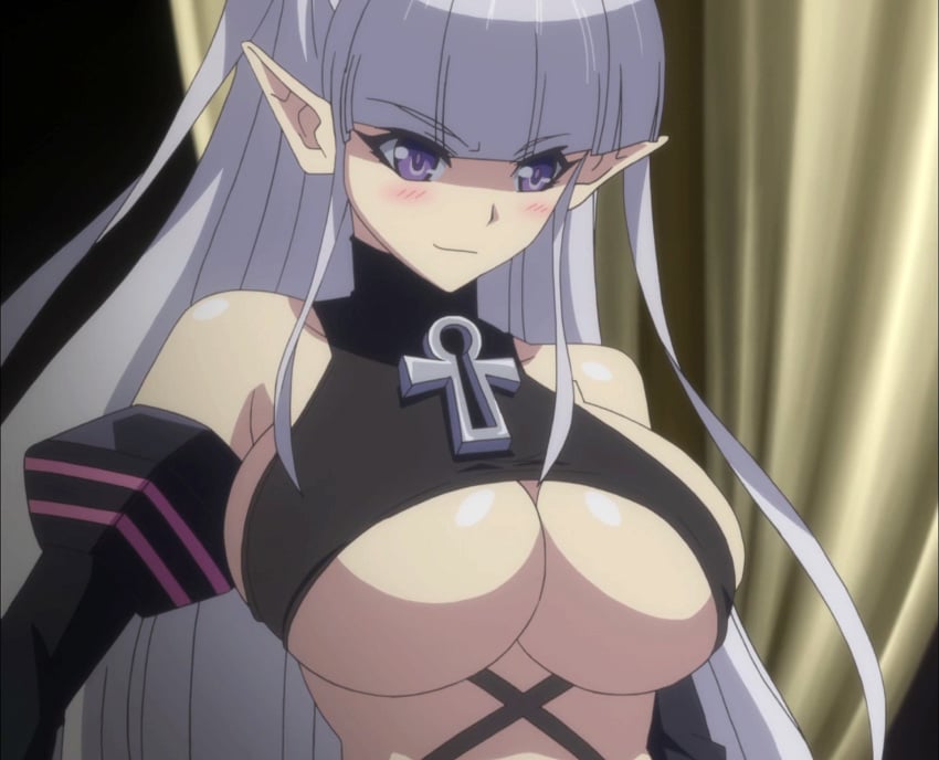 1girls 2015 anime_screencap blush breasts conscious demon_girl gloves keyhole large_breasts long_hair monster_girl naruse_maria pointy_ears production_ims purple_eyes screencap screenshot shinmai_maou_no_testament succubus succubus_costume succubus_outfit tits white_hair