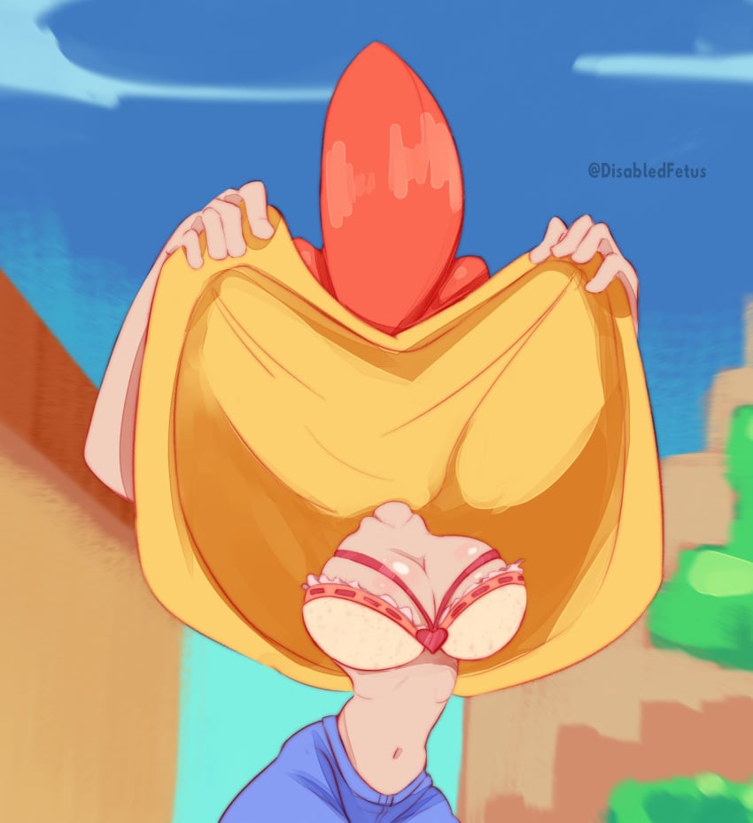 1girls 2020 4_fingers bra disabledfetus disney female female_only flashing ginger_hair jeans large_breasts orange_hair pepper_ann pepper_ann_pearson pointy_hair shiny_hair shiny_skin shirt_lift shirt_over_head simple_background skinny yellow_shirt