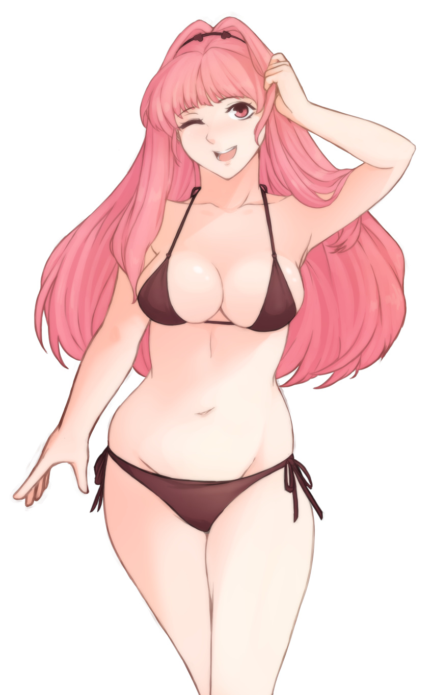 1girls absurdres bangs bikini black_bikini black_swimsuit breasts female fire_emblem fire_emblem:_three_houses fire_emblem_heroes hair_down highres hilda_valentine_goneril large_breasts long_hair nintendo one_eye_closed open_mouth pink_eyes pink_hair side-tie_bikini simple_background smile solo swimsuit tridisart white_background wink