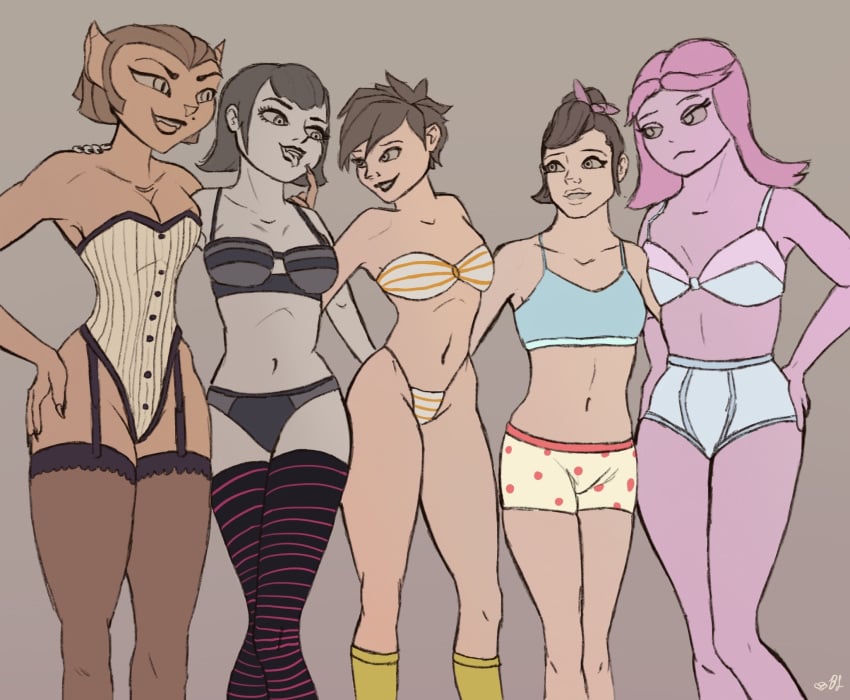 5girls adventure_time bikini captain_amelia clothed corset crossover d.va disney garter_belt garter_straps hotel_transylvania mavis_dracula multiple_girls overwatch panties princess_bubblegum simple_background strip thighhighs thong tracer training_bra treasure_planet underwear