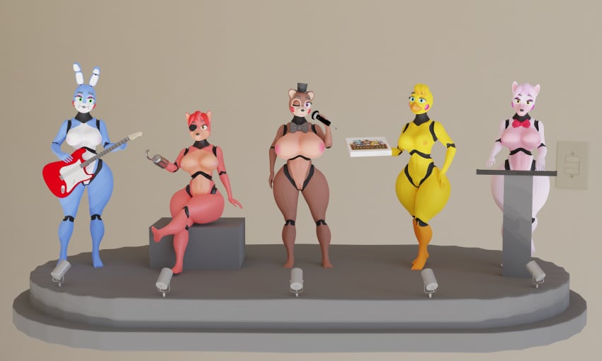 3d 5girls animatronic anthro bear big_breasts blue_eyes breasts bunny_ears bunny_girl female female_only figure five_nights_at_freddy's five_nights_at_freddy's_2 fox foxy_(fnaf) furry green_eyes mangle_(fnaf) nude nude_female png render scene spotlight thick_thighs toy_bonnie_(fnaf) toy_chica_(fnaf) toy_freddy_(fnaf) wide_hips