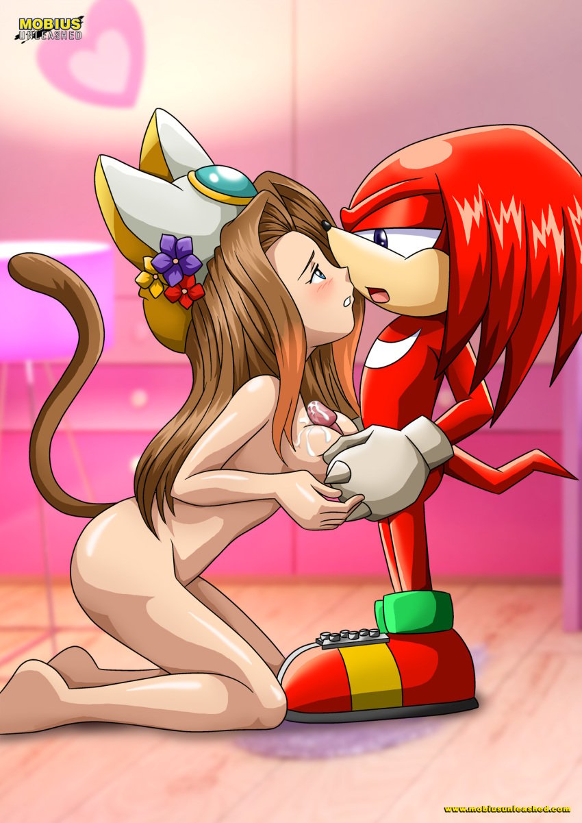 anthro ass bbmbbf blush breasts brown_hair cum cum_on_breasts flower from_behind hair highres human indoors interspecies kissing knuckles_the_echidna looking_at_another mobius_unleashed nude on_knees outercourse paizuri palcomix penis red_fur sega seira shoes sonic_(series) sonic_the_hedgehog:_the_movie sonic_the_hedgehog_(series) teal_eyes wedding_dress