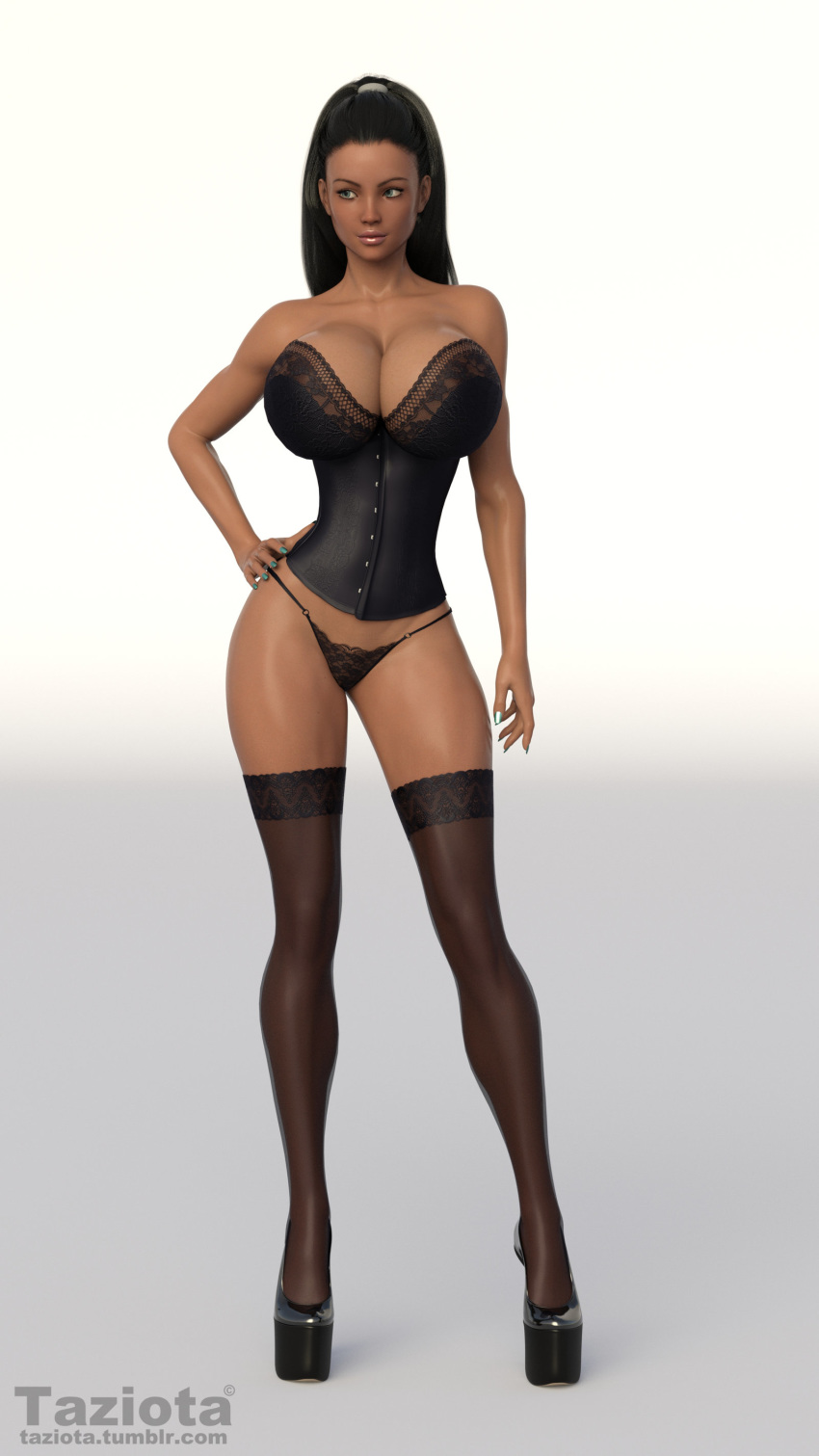 3d big_breasts bimbo black_hair black_lingerie black_stockings bustier g-string high_heels large_breasts lingerie stockings string_panties sydney tanga taziota