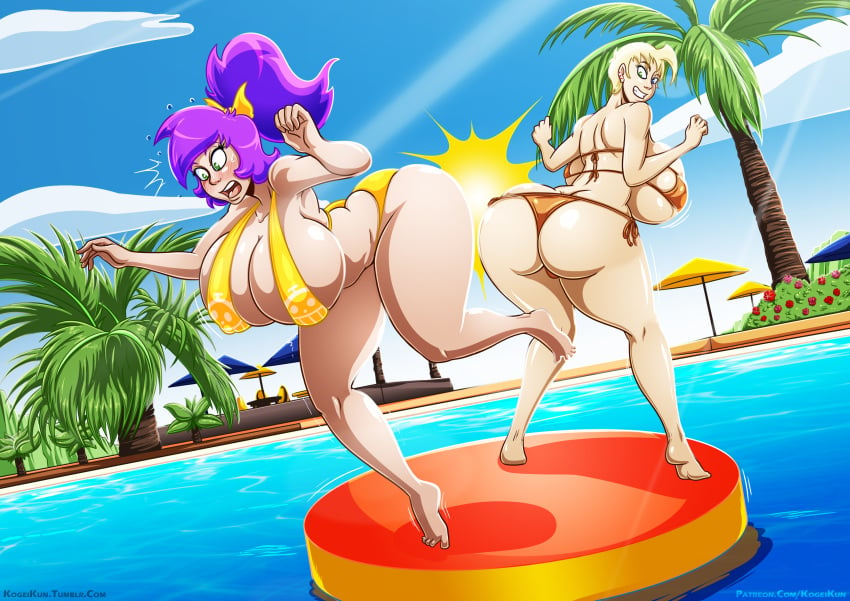 2girls apple_butt ass_attack ass_cleavage big_ass big_breasts bikini blonde_hair bumping_asses butt_battle butt_bump butt_crack catfight competition emma_hugaz fanart female female_only fight hi_res huge_ass huge_breasts keijo!!!!!!!! kogeikun large_ass large_breasts outdoors outside ponytail pool purple_hair short_hair swimsuit velvet_city_(shiin) wendolin