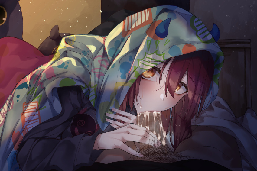 1boy bangs bed_sheet blush breasts brown_hair censored clothing cum cum_in_mouth erection fellatio female grey_shirt hair_between_eyes highres idolmaster idolmaster_shiny_colors long_hair long_sleeves looking_at_viewer lying mosaic_censoring on_back on_stomach oosaki_tenka oral orange_eyes pajamas penis pubic_hair shirt straight suushiki swept_bangs