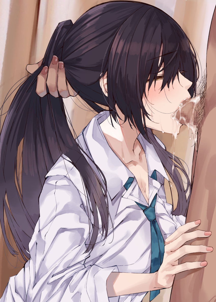 absurdres bangs black_hair blush breasts censored cleavage collared_shirt cum cum_bubble cum_in_mouth cumdrip dark-skinned_male dark_skin deepthroat dress_shirt erection fellatio female green_neckwear hair_between_eyes high_ponytail highres holding_another's_hair idolmaster idolmaster_shiny_colors large_breasts long_hair loose_necktie male_pubic_hair mosaic_censoring necktie oral penis pink_nails ponytail pubic_hair school_uniform shirase_sakuya shirt sidelocks standing straight suushiki white_shirt