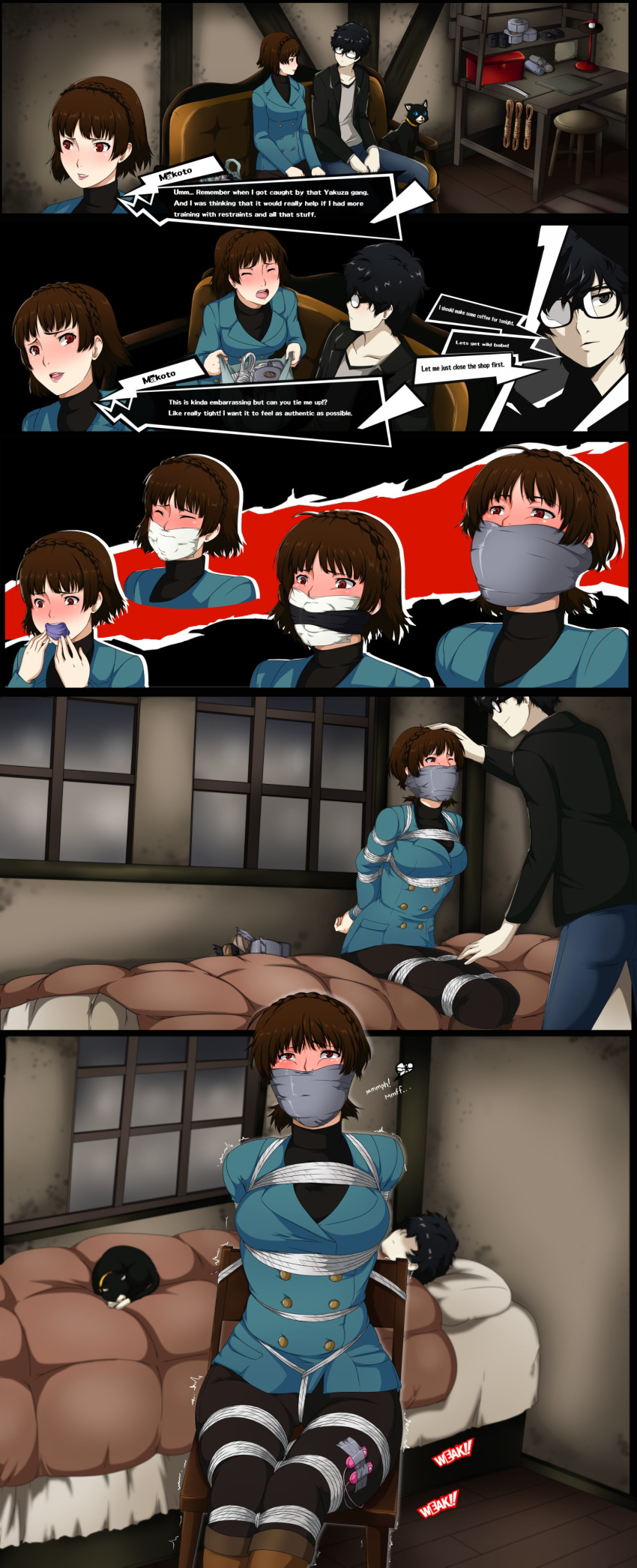 1boy 1girls artist_request atlus attic blush bondage comic english_text female gag gagged joker_(persona) makoto_niijima male megami_tensei persona persona_5 ren_amamiya restrained tagme tape_gag text tied_up