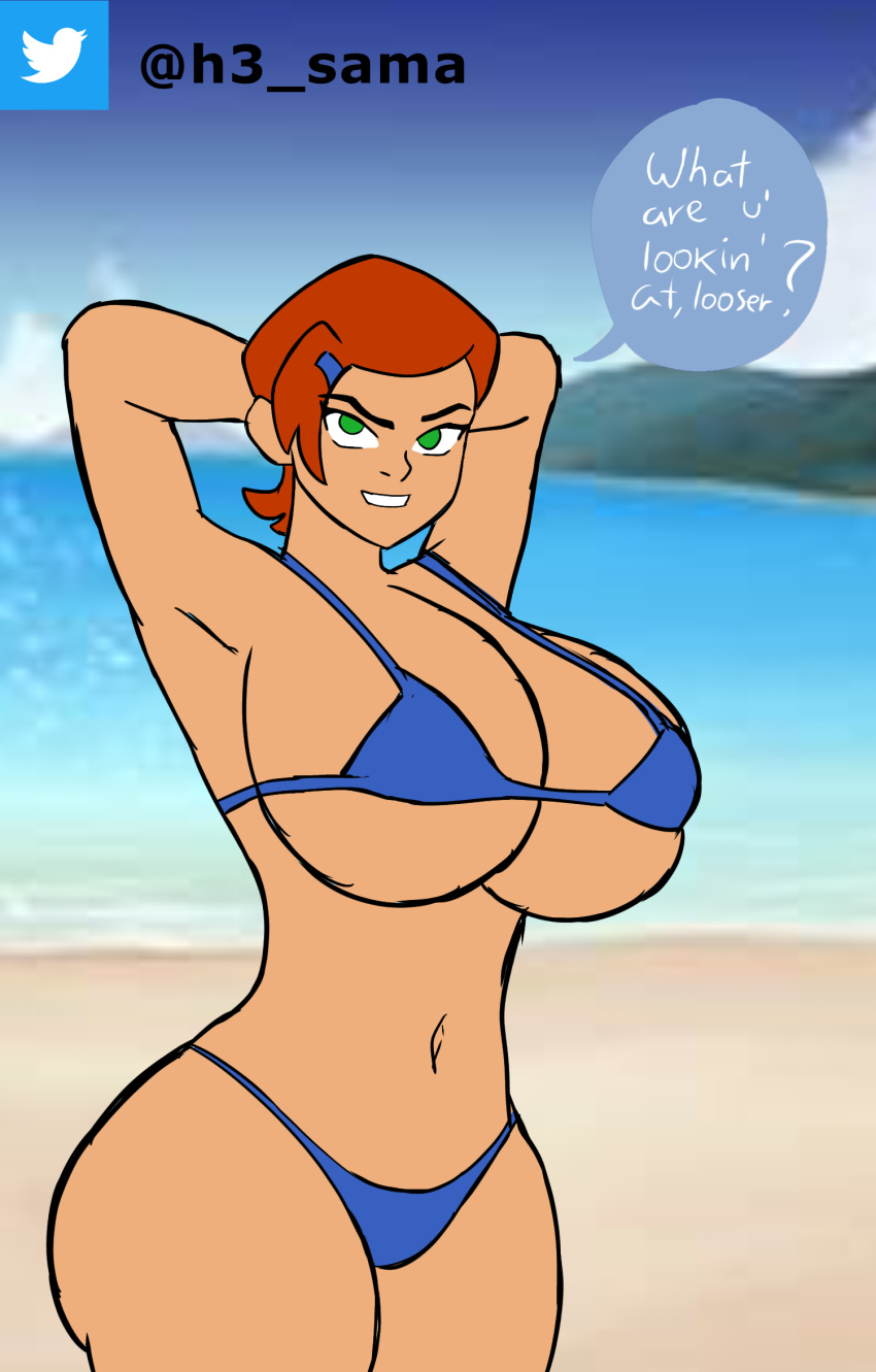 beach ben_10 bikini female female_only green_eyes gwen_tennyson h3thor orange_hair solo solo_female solo_focus