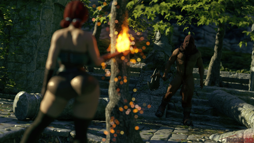 1boy 1girls 3d 4k absurdres ass axe big_ass blender cd_projekt_red confrontation covered_face executioner's_hood female fire highres male red_hair rigid3d showdown staring_at_another the_witcher the_witcher_(series) the_witcher_2 the_witcher_3:_wild_hunt thighhighs thighs tree trees triss_merigold weapon