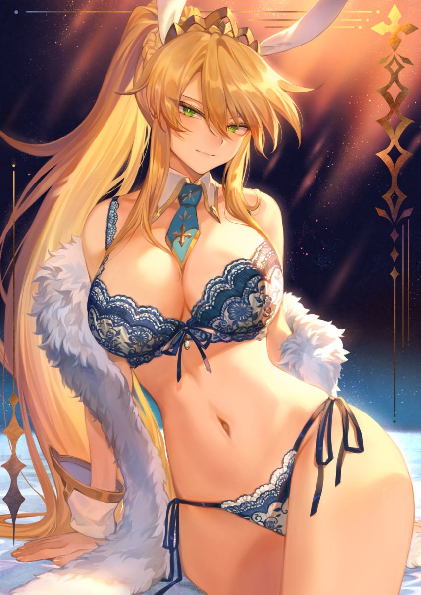 1girls artoria_pendragon artoria_pendragon_(lancer) artoria_pendragon_(swimsuit_ruler) blue_bra blue_panties bra breasts bunny_ears cleavage fate/grand_order fate_(series) female female_only large_breasts lingerie looking_at_viewer mashu_003 panties rabbit_ears side-tie_panties solo underwear