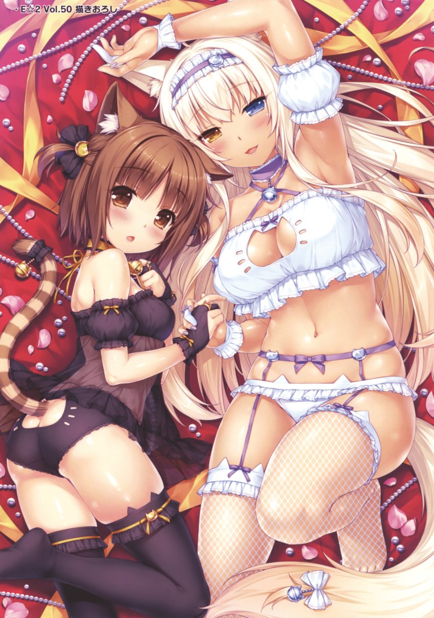 2girls armpits azuki_(sayori) blonde_hair bra brown_hair cat_ears cat_keyhole_bra cat_lingerie coconut_(sayori) fishnets garter_belt garter_straps heterochromia keyhole_bra lingerie multiple_girls nekopara panties sayori stockings underwear