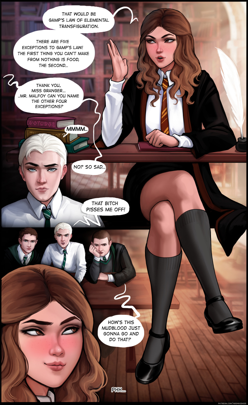 1futa 3boys aroma_sensei brown_eyes brown_hair classroom draco_malfoy english_text futa_sans_pussy futa_with_male futanari harry_potter hermione_granger hogwarts kneesocks long_hair male male_with_male mary_janes school school_uniform schoolgirl skirt speech_bubble talking text