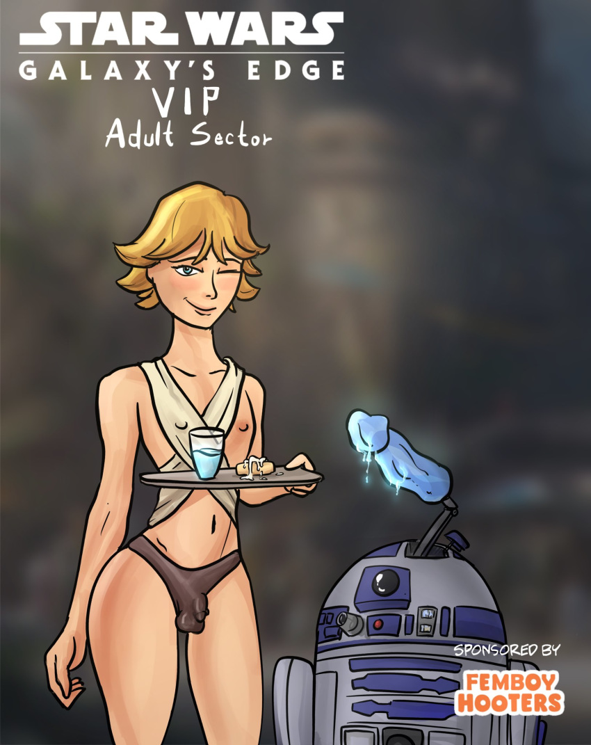 2boys astromech_droid berrythelothcat blonde_hair blue_eyes clothed dildo drink drinking_glass droid english_text femboy femboy_hooters food galaxy's_edge hooters looking_at_viewer luke_skywalker male male_only meme nipple nipple_slip nipples one_eye_closed penis_under_clothes r2-d2 robot sissy smile smiling smiling_at_viewer standing star_wars text trap twink waitress wardrobe_malfunction winking winking_at_viewer