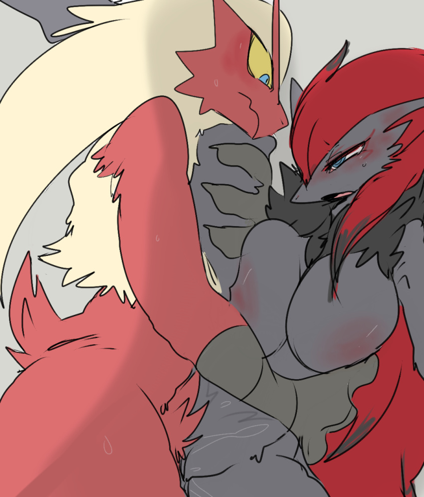 1boy 1girls 2020 anthro anthro_on_anthro avian big_breasts bird blaziken blue_eyes blush bodily_fluids breasts canid canine claws duo female female_penetrated female_pokemon femsub fur genital_fluids genitals hair hi_res interspecies looking_pleasured male male/female male_blaziken male_penetrating male_penetrating_female male_pokemon male_pokemon/female_pokemon maledom mammal meisaikawaii nintendo nipples nude one_leg_up open_mouth penetration pokemon pokemon_(species) raised_leg red_body sex simple_background straight vaginal_penetration video_games yellow_sclera zoroark