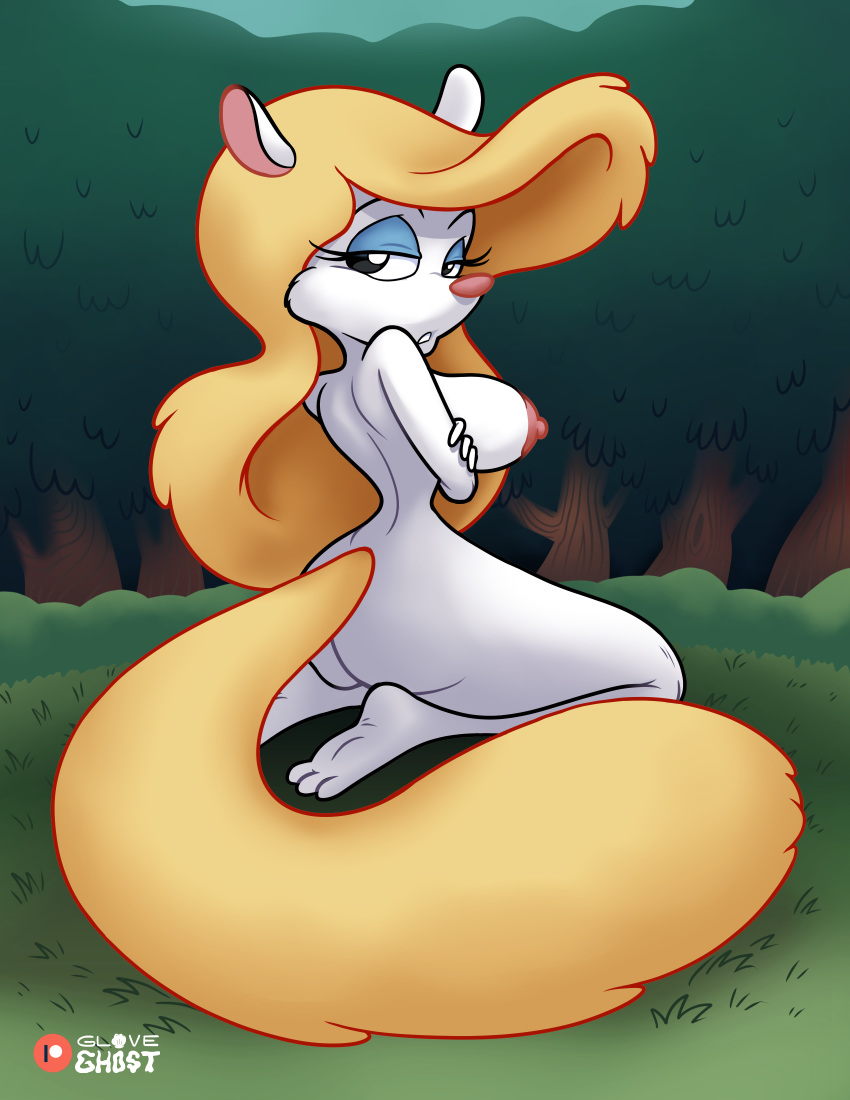 animaniacs anthro ass blonde_hair breasts female gloveghost long_hair looking_back minerva_mink mink nipples nude outdoors sideboob solo tail