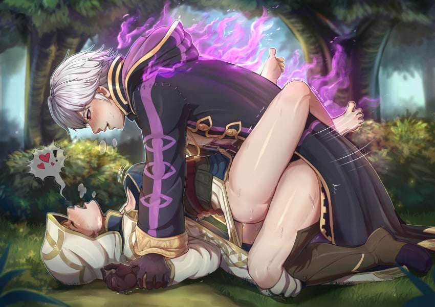 1boy arched_back aura barefoot blush breasts cleavage clothed_sex coat evomanaphy female fire_emblem fire_emblem_awakening fire_emblem_heroes gloves grima_(fire_emblem) heart highres hood kiran_(fire_emblem) kiran_(fire_emblem)_(female) leg_lock looking_at_another missionary nintendo open_mouth outdoors pinned robin_(fire_emblem) robin_(fire_emblem)_(male) sex silver_hair straight